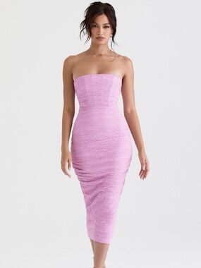 House of CB Tana Pink Strapless Ruched Corset Midi Dress Size Medium MSRP $225